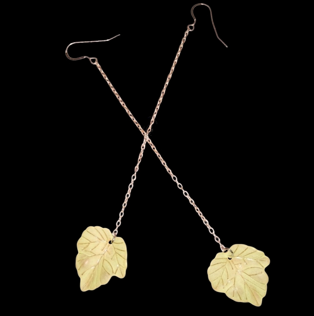 Solid 925 Sterling Silver Wires Green Leaf Earrings Delicate Long Chain Dangle